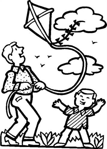 Online coloring book: Father and son fly a kite coloring page